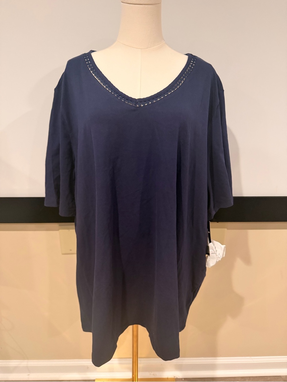 Relaxed Navy V-Neck Tunic with Embellished Neckline